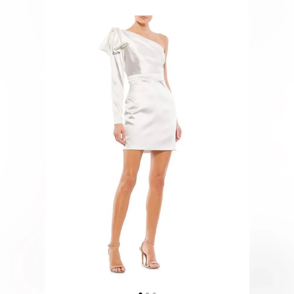 Ieena for Mac Duggal Bow Sleeve Satin Mini Dress NWT
